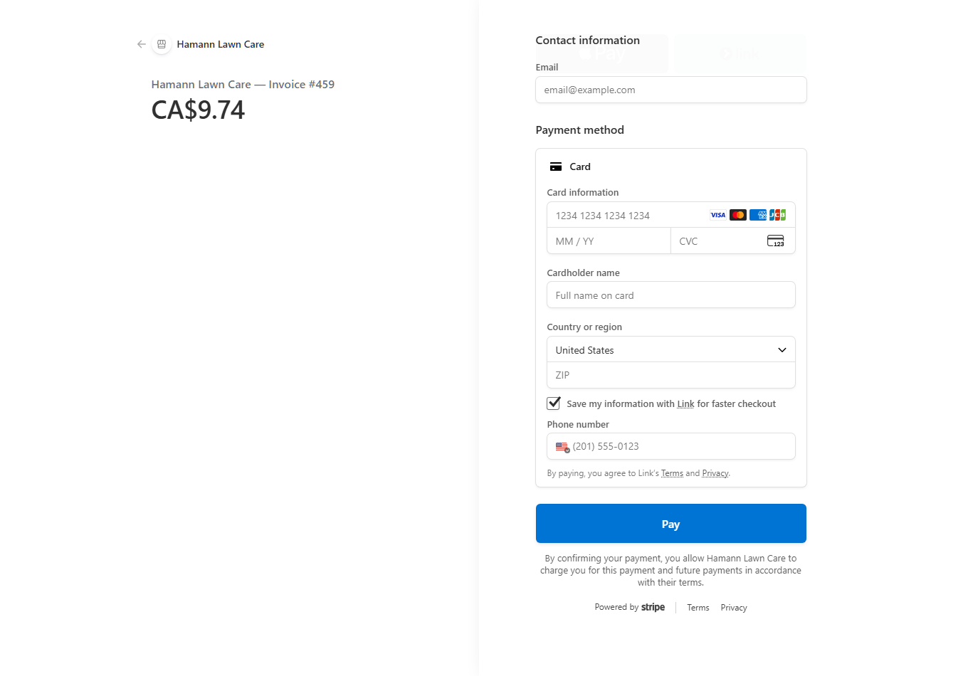 Stripe checkout page reading Hamann Lawn Care — Invoice #459, CA$9.74, with card fields and a Pay button